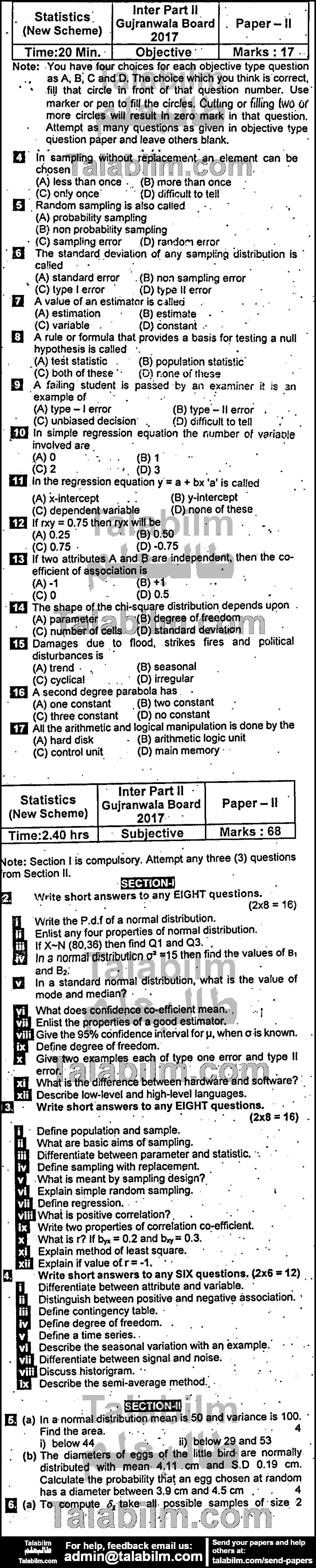 Statistics 0 past paper for Group-I 2017