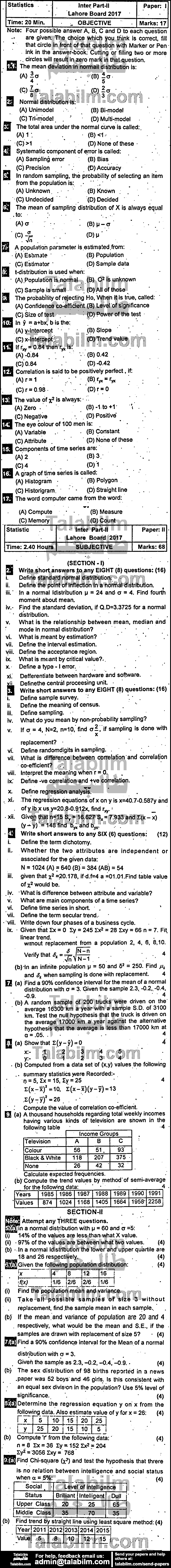 Statistics 0 past paper for Group-I 2017