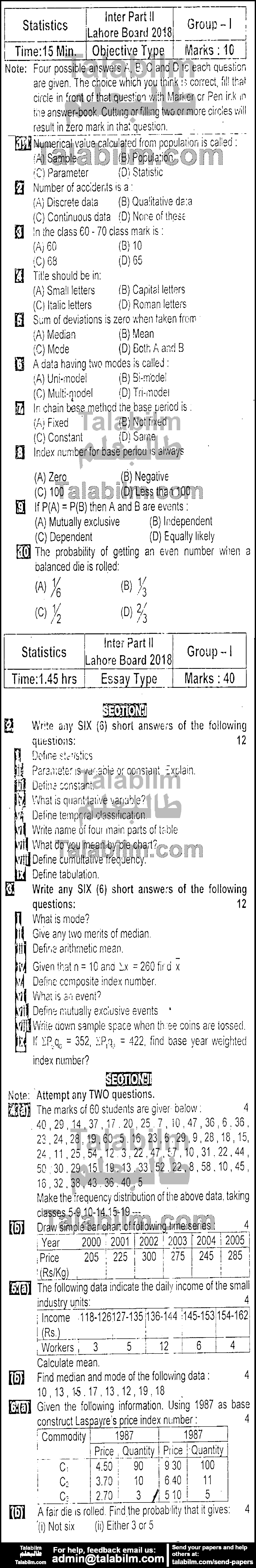 Statistics 0 past paper for Group-I 2018