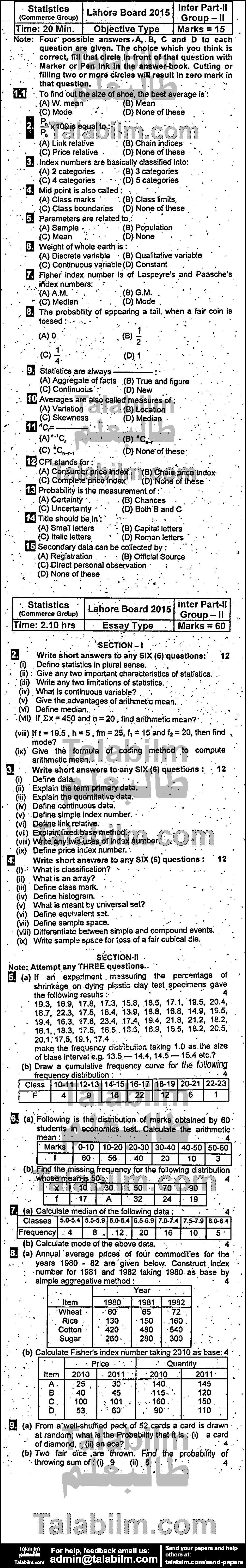 Statistics 0 past paper for Group-II 2015