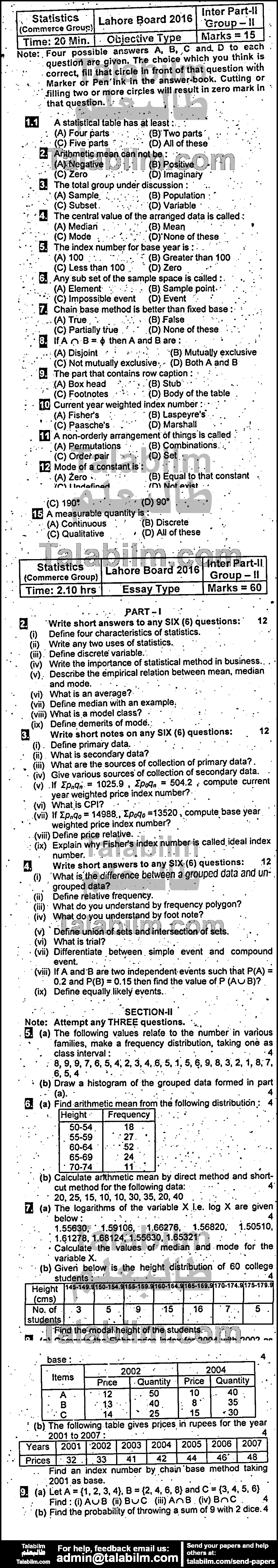 Statistics 0 past paper for Group-II 2016