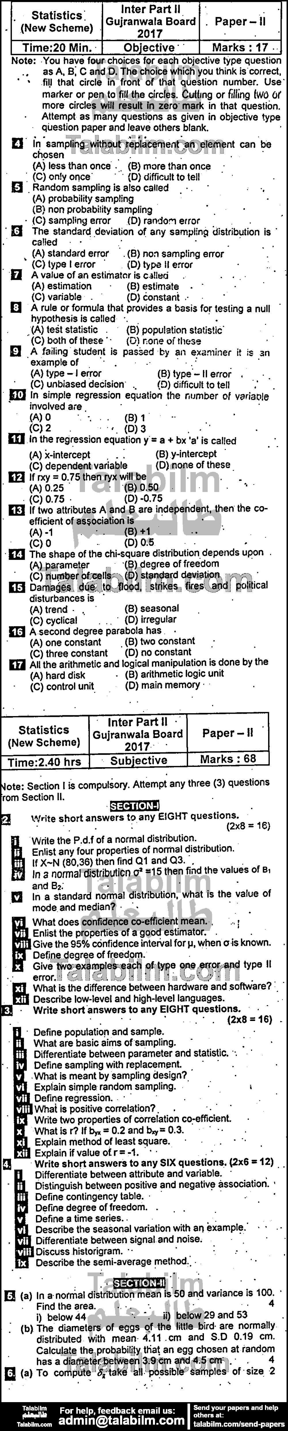 Statistics 0 past paper for Group-II 2017