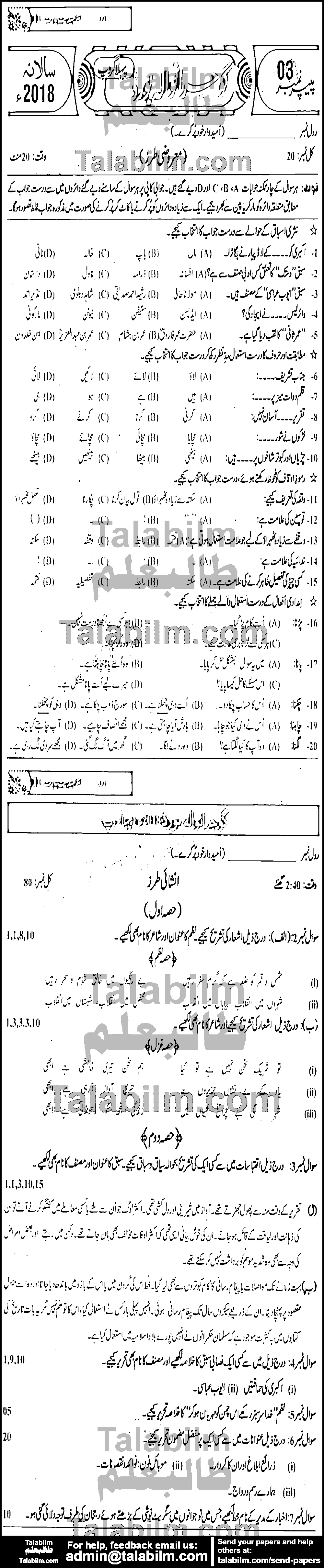Urdu 0 past paper for Group-I 2018