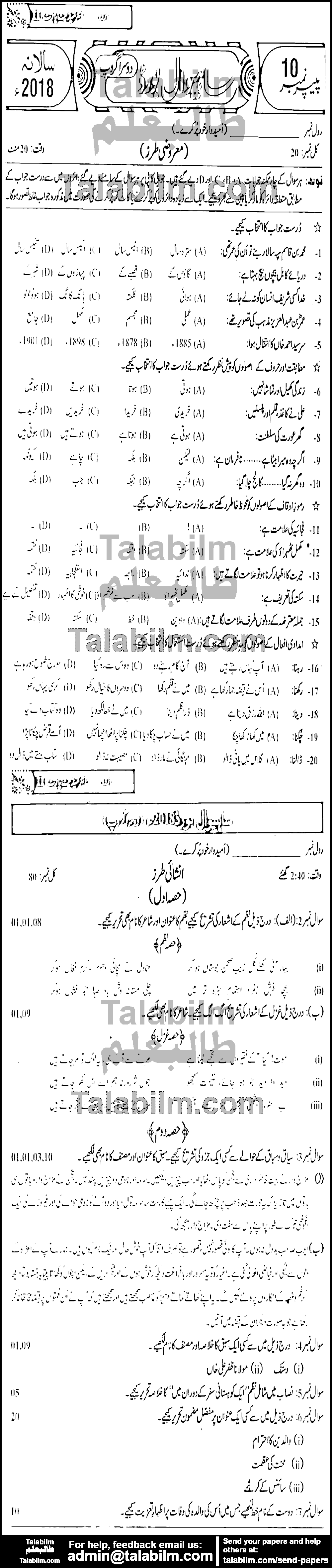 Urdu 0 past paper for Group-II 2018