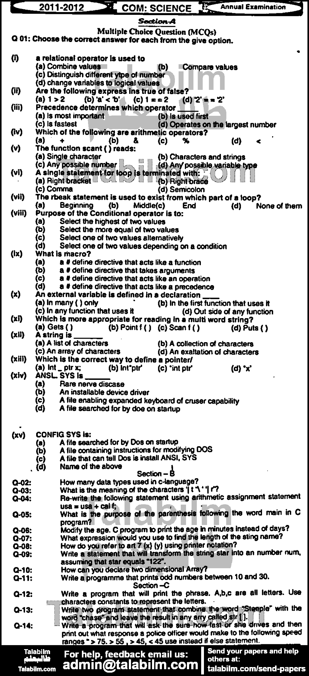 Computer Science 0 past paper for Group-I 2012