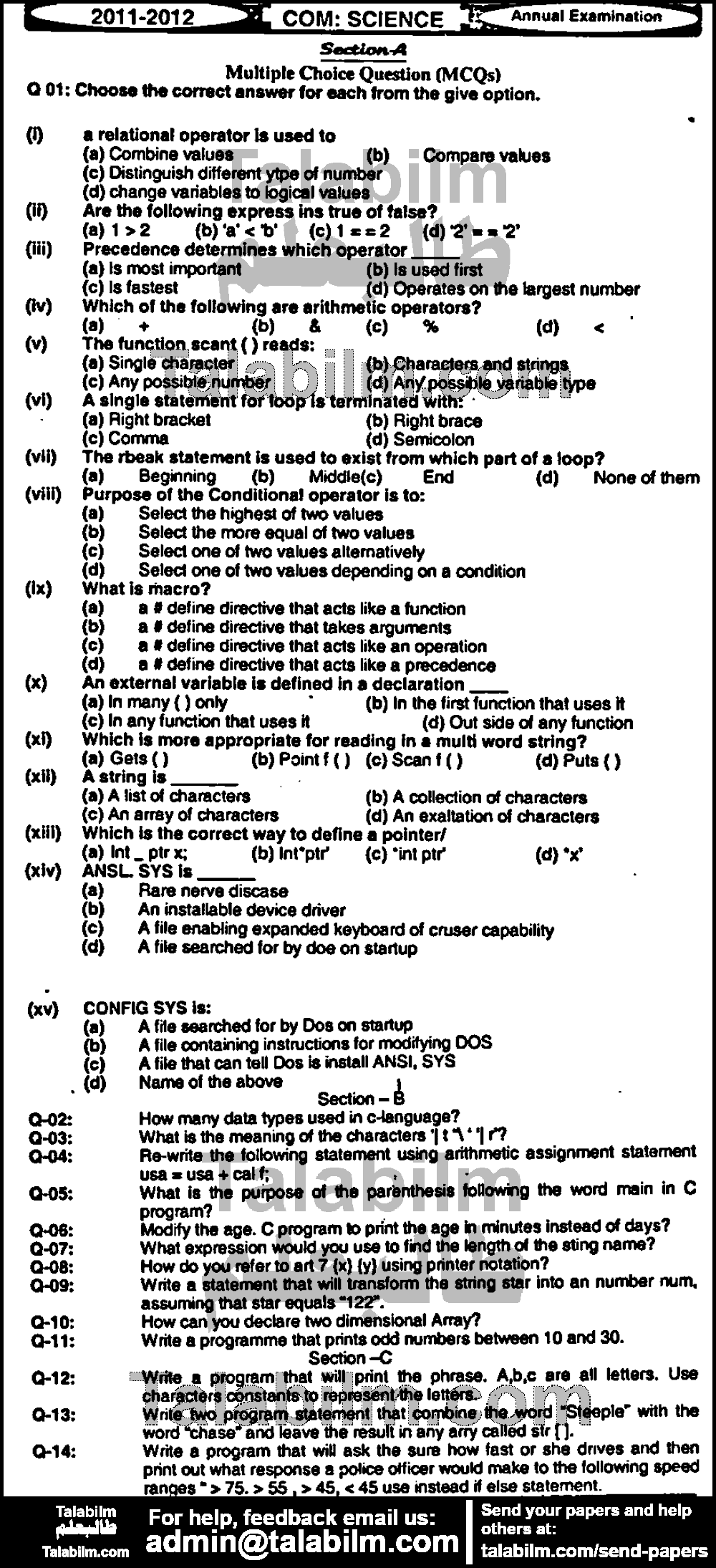 Computer Science 0 past paper for Group-I 2012