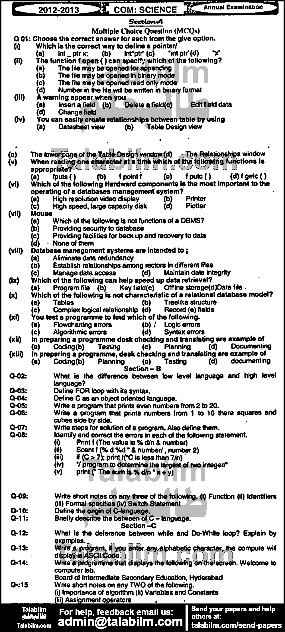 Computer Science 0 past paper for Group-I 2013