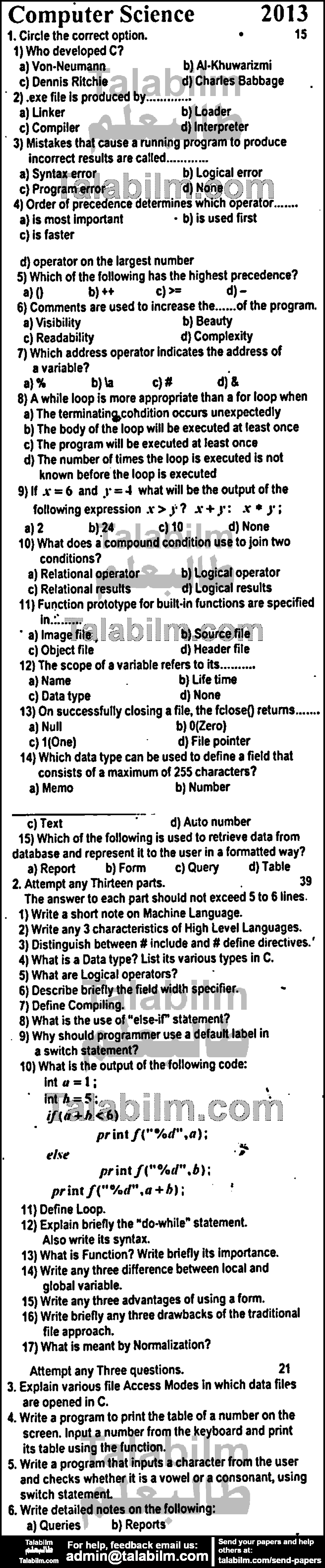 Computer Science 0 past paper for Group-I 2013