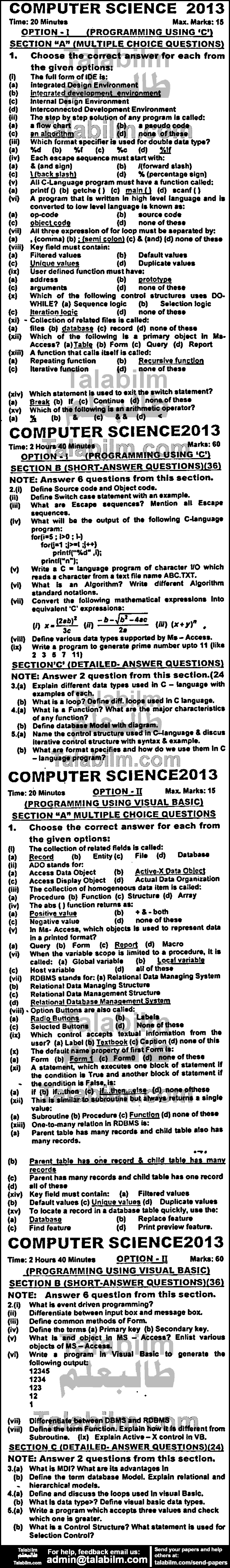 Computer Science 0 past paper for Group-I 2013
