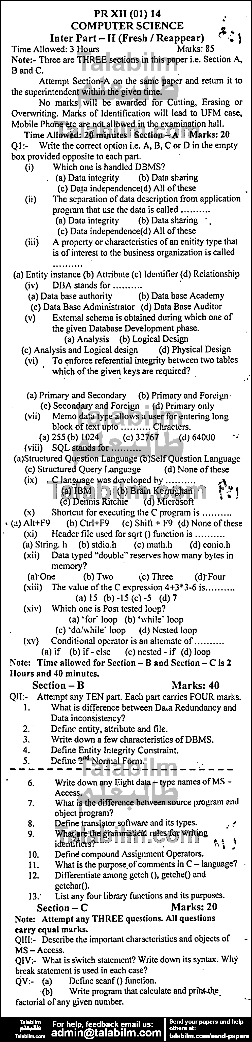 Computer Science 0 past paper for Group-I 2014