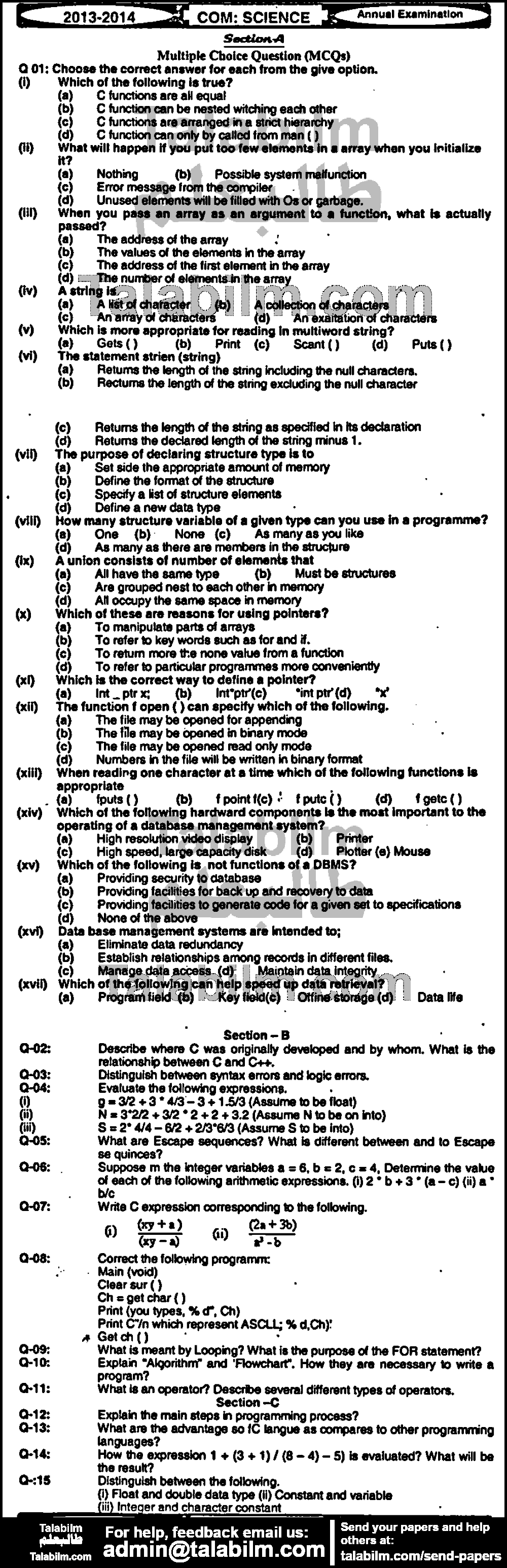 Computer Science 0 past paper for Group-I 2014