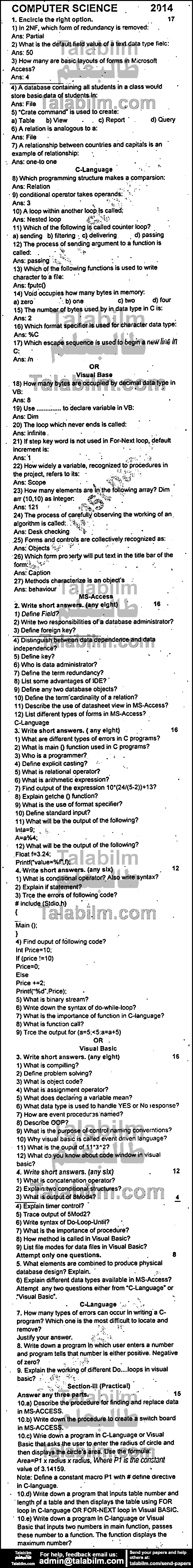 Computer Science 0 past paper for Group-I 2014