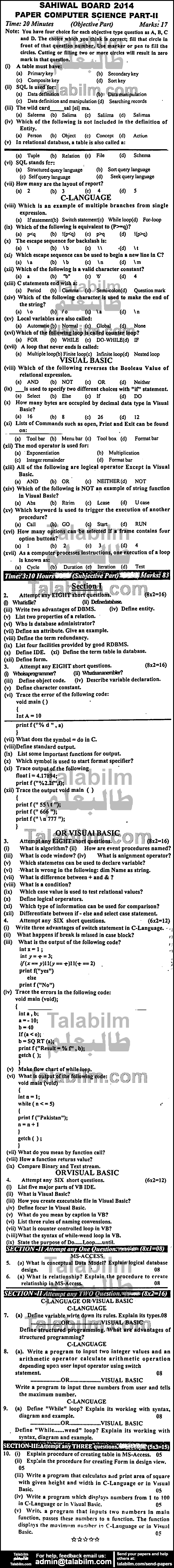 Computer Science 0 past paper for Group-I 2014
