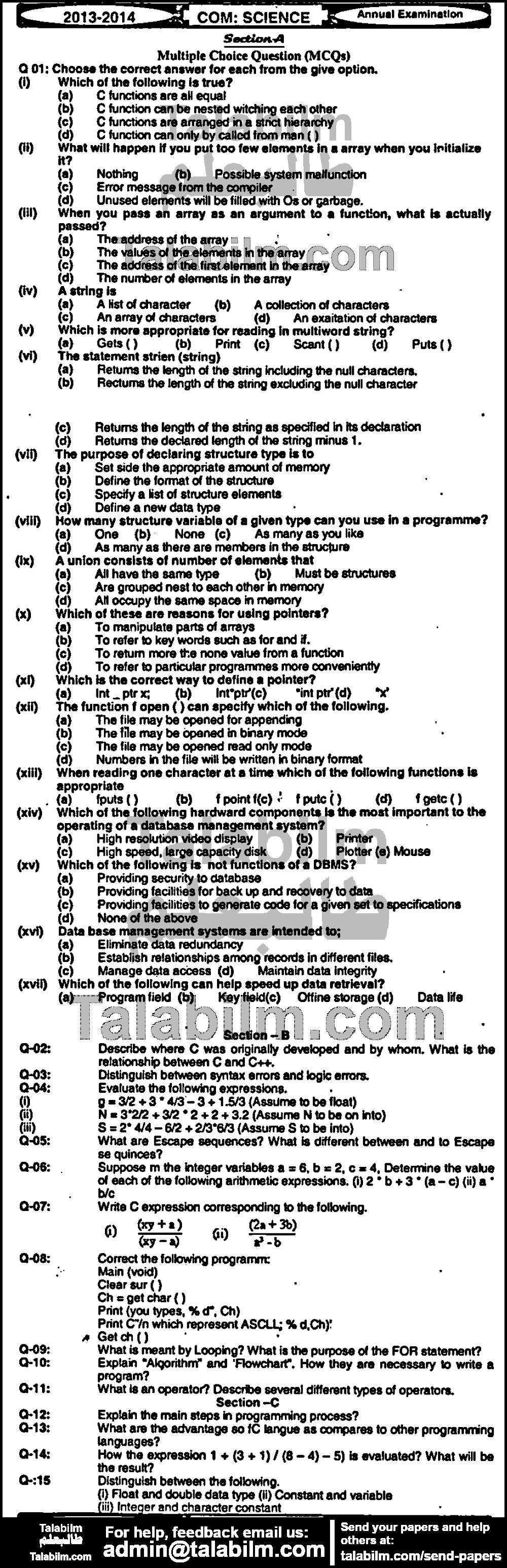 Computer Science 0 past paper for Group-I 2014