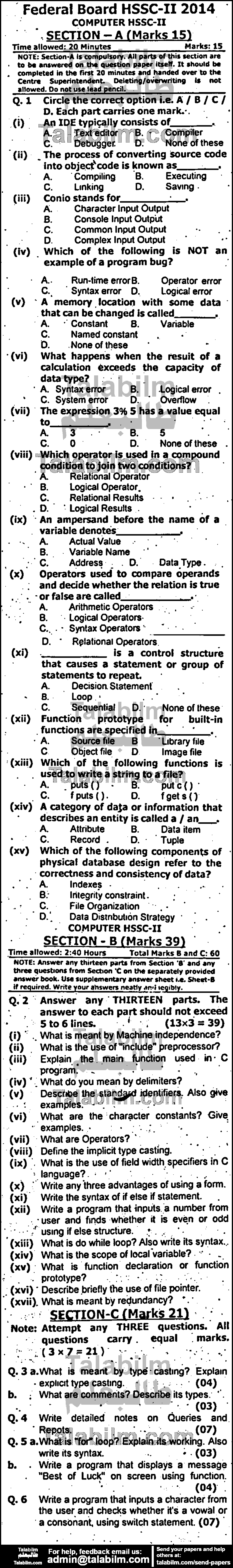 Computer Science 0 past paper for Group-I 2014