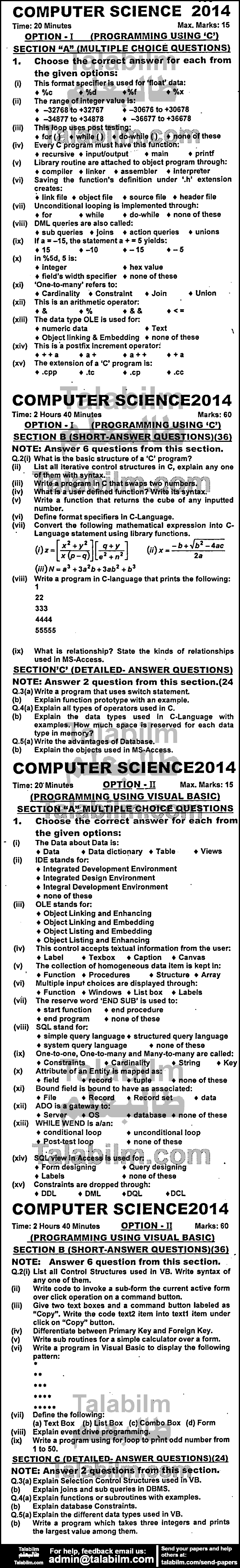 Computer Science 0 past paper for Group-I 2014