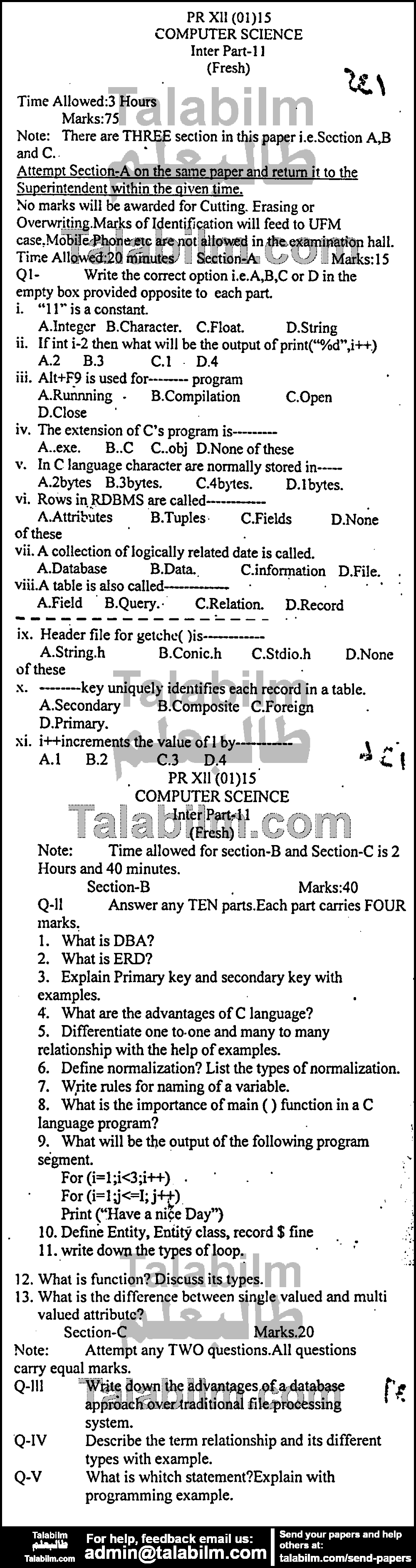 Computer Science 0 past paper for Group-I 2015