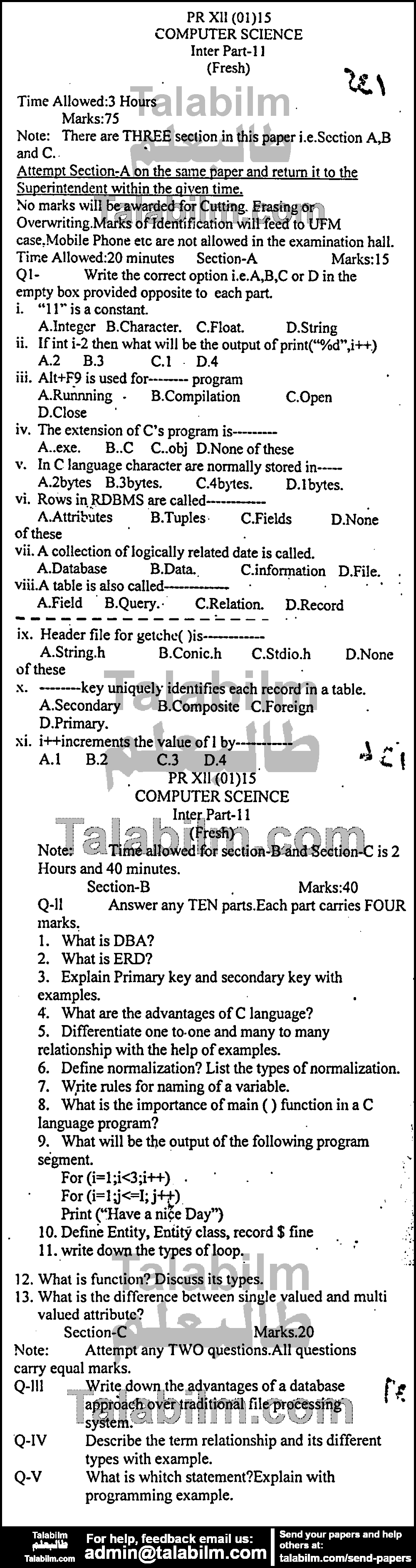 Computer Science 0 past paper for Group-I 2015