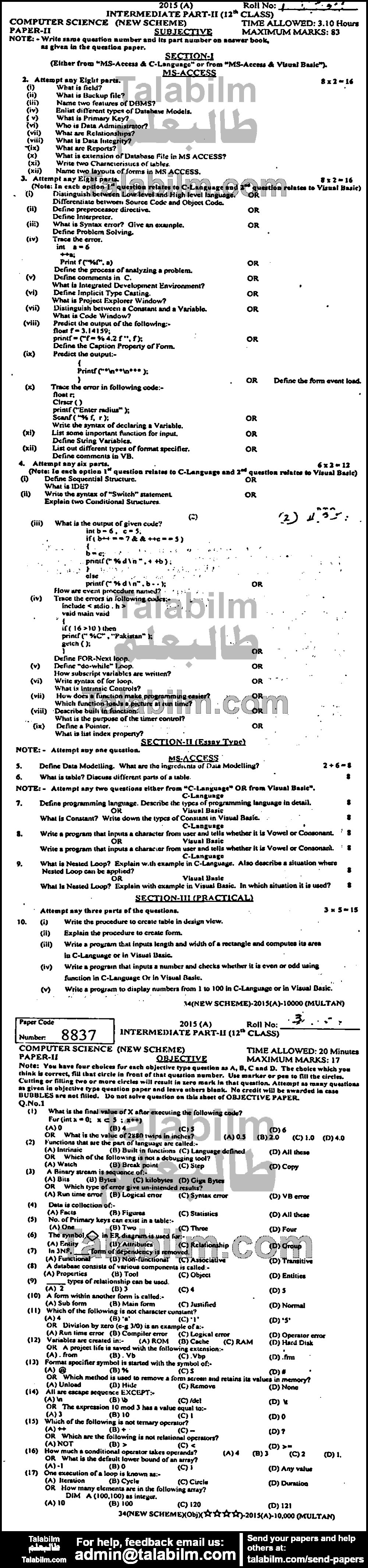 Computer Science 0 past paper for Group-I 2015