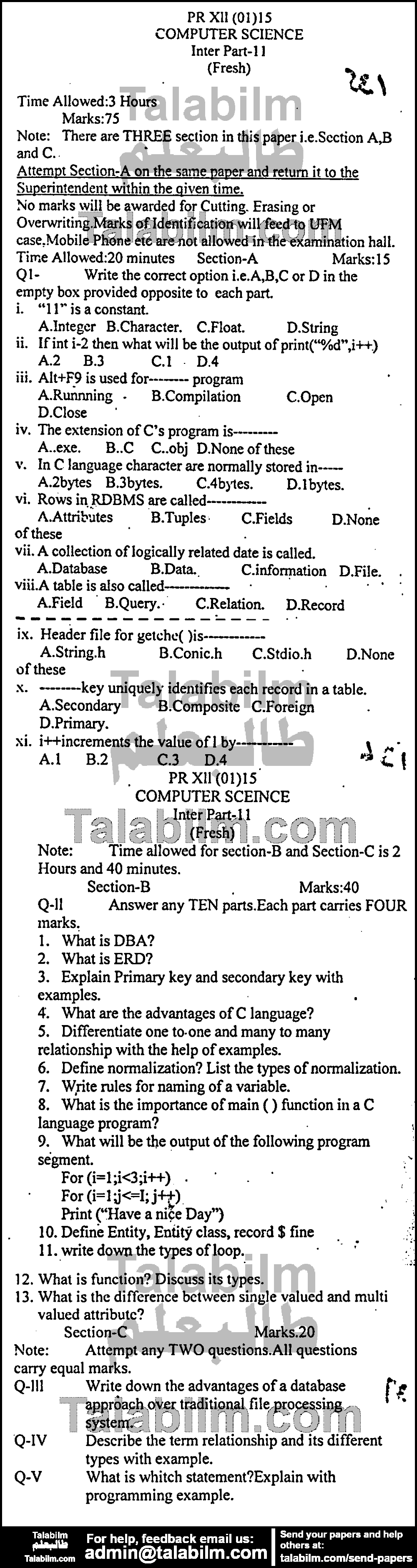 Computer Science 0 past paper for Group-I 2015