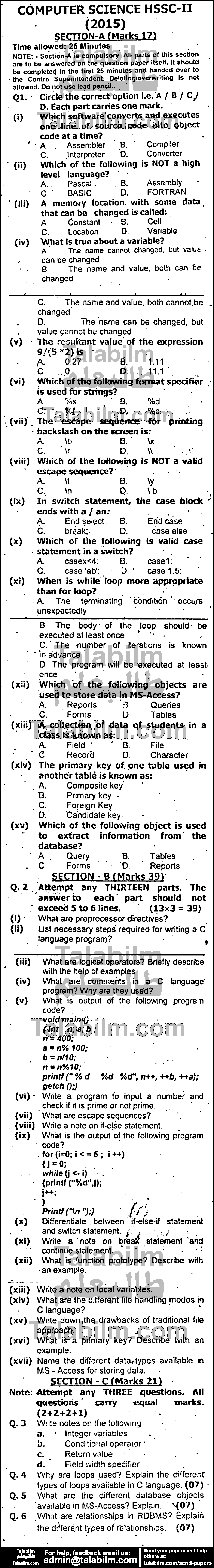 Computer Science 0 past paper for Group-I 2015