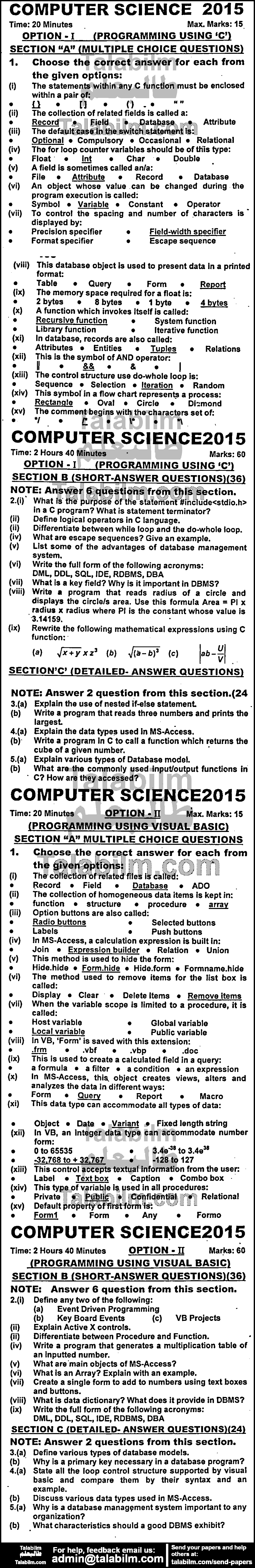 Computer Science 0 past paper for Group-I 2015