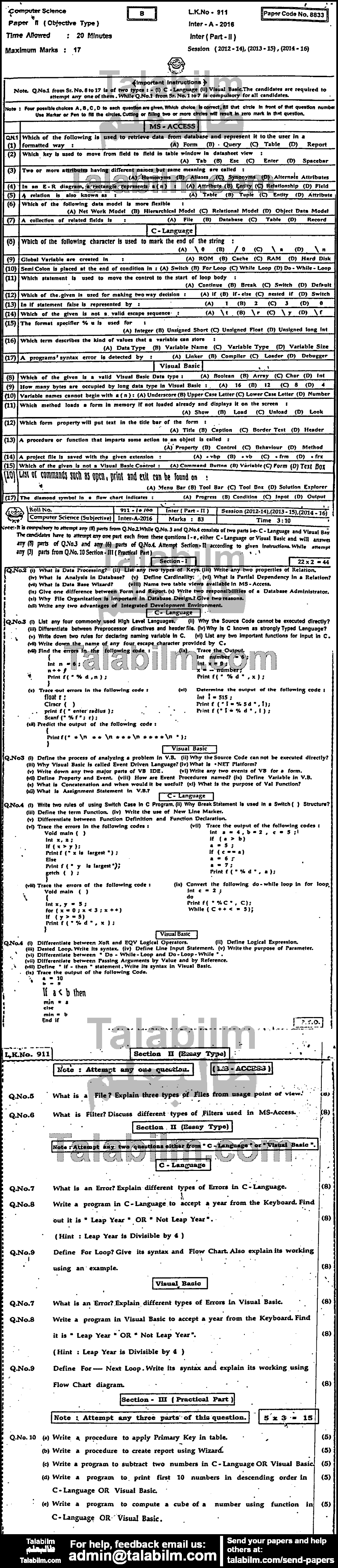 Computer Science 0 past paper for Group-I 2016