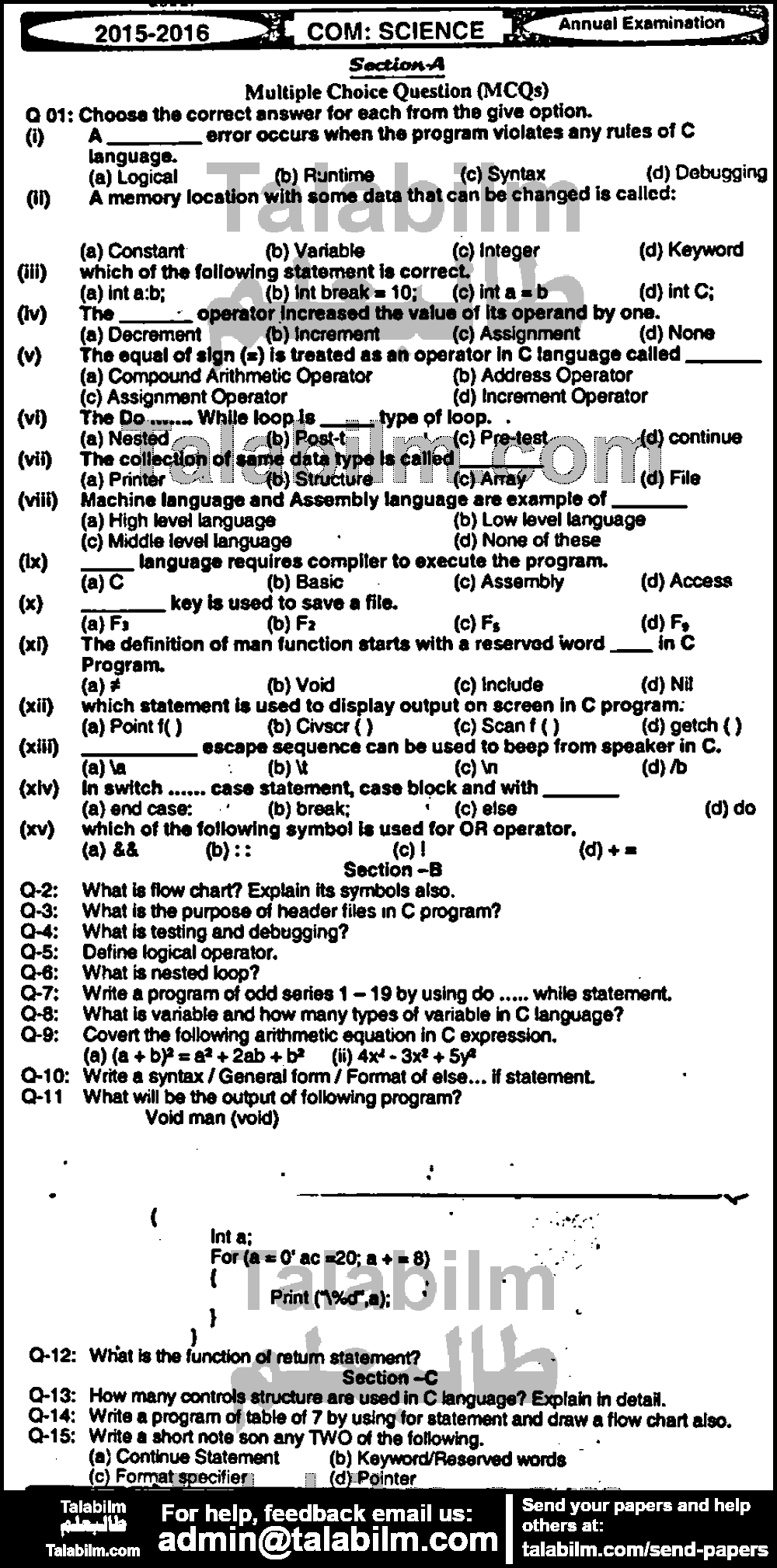 Computer Science 0 past paper for Group-I 2016