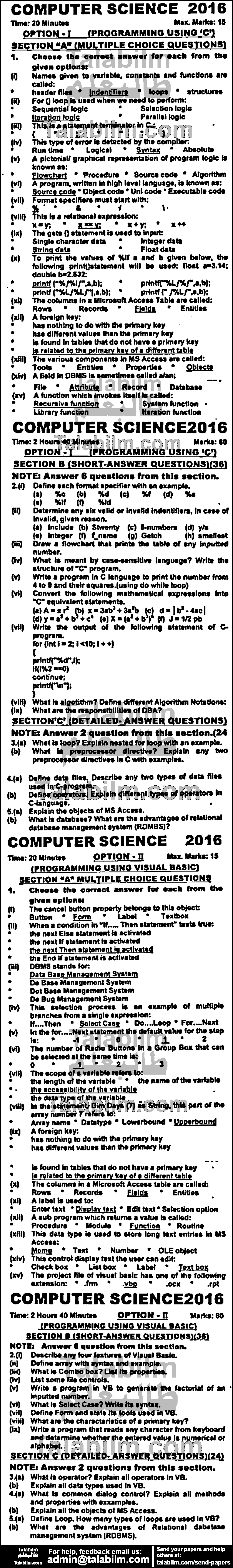 Computer Science 0 past paper for Group-I 2016