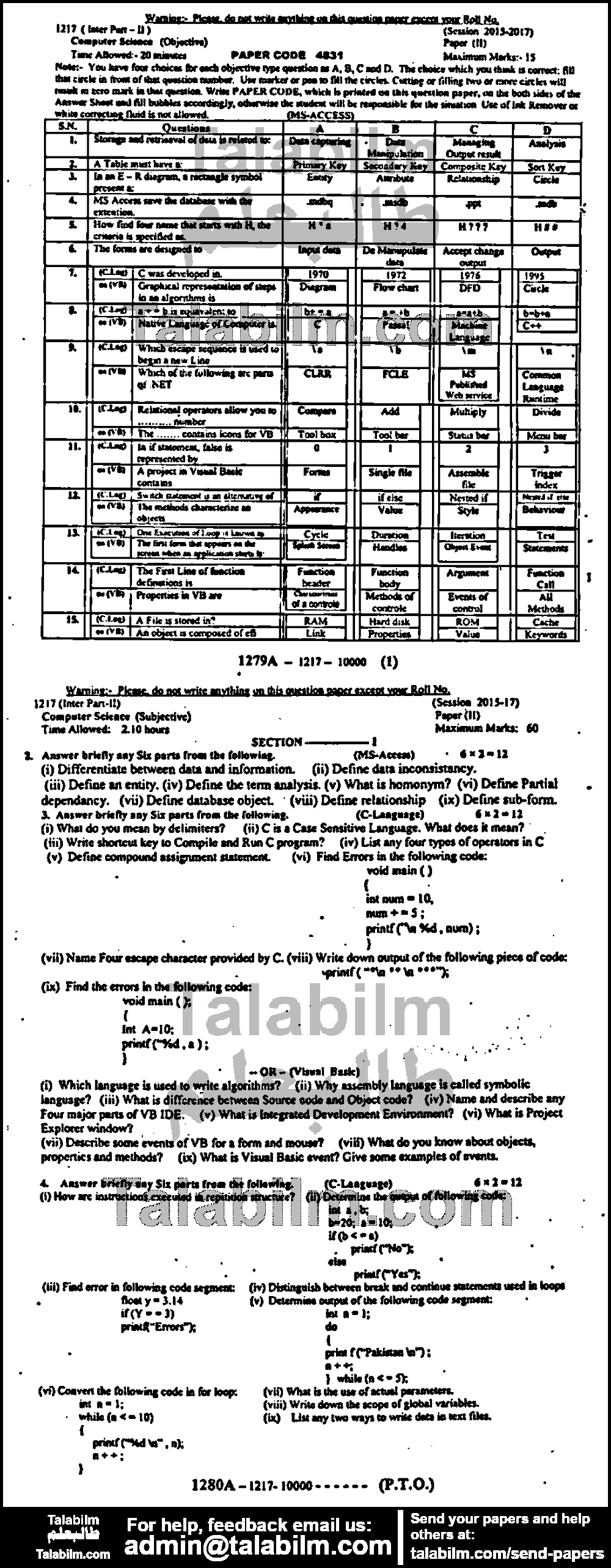 Computer Science 0 past paper for Group-I 2017