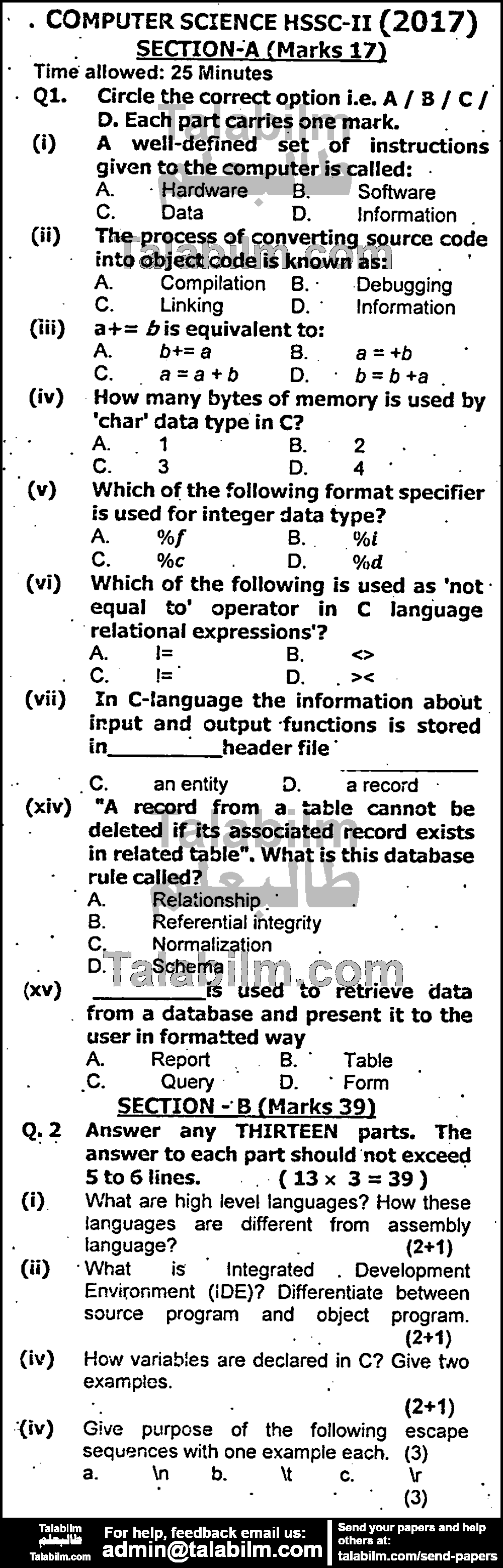 Computer Science 0 past paper for Group-I 2017