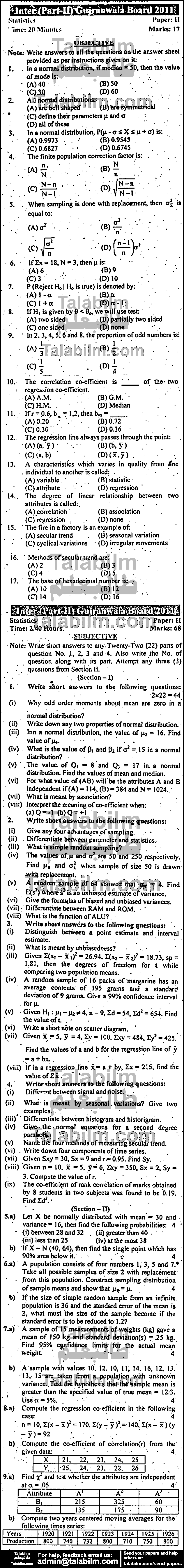 Statistics 0 past paper for Group-I 2011