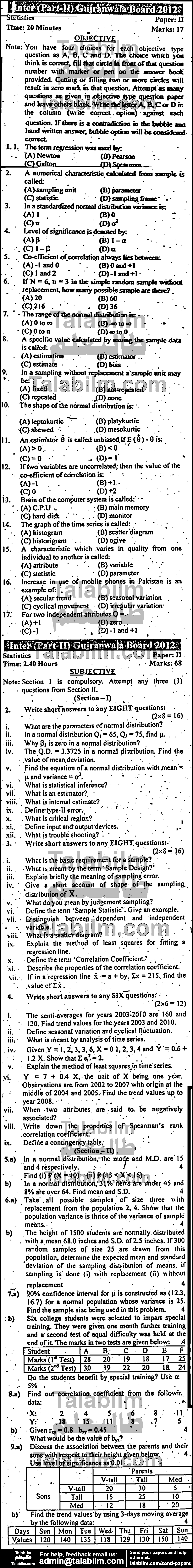 Statistics 0 past paper for Group-I 2012