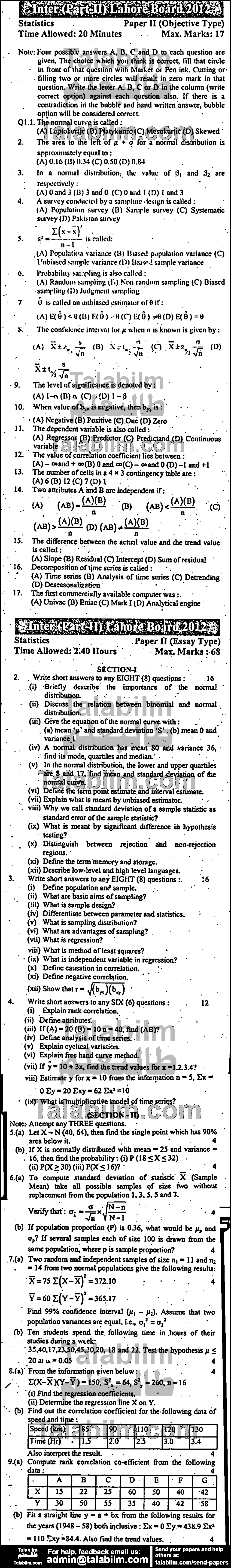 Statistics 0 past paper for Group-I 2012