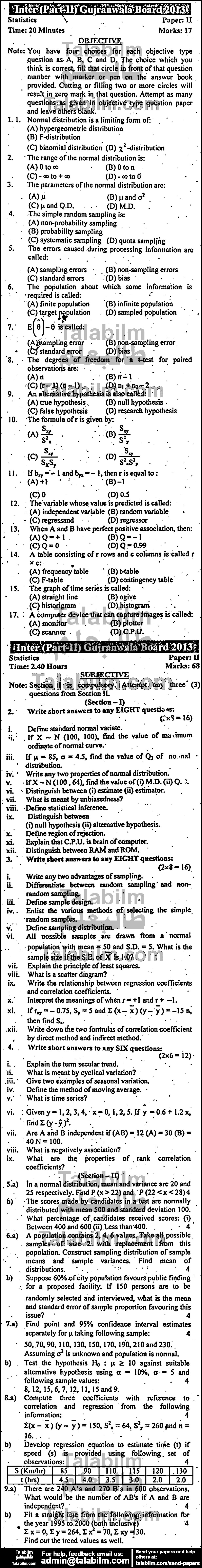 Statistics 0 past paper for Group-I 2013