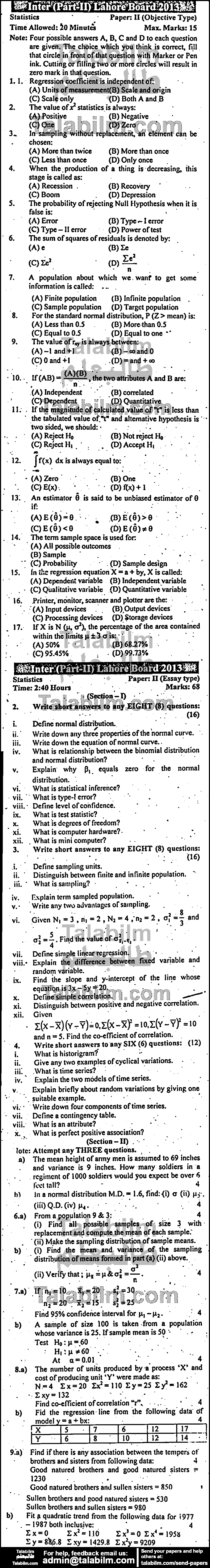 Statistics 0 past paper for Group-I 2013