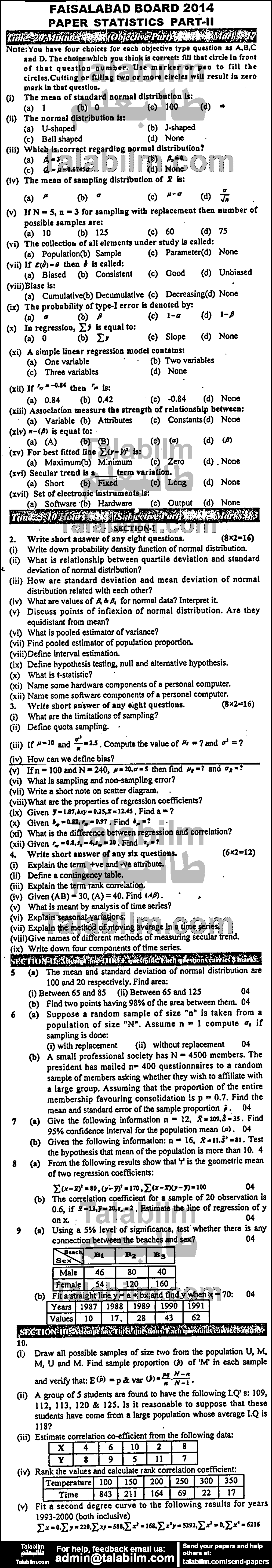 Statistics 0 past paper for Group-I 2014