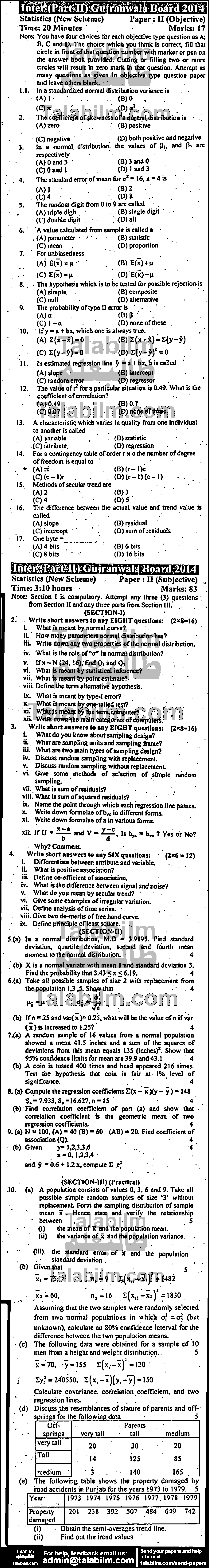 Statistics 0 past paper for Group-I 2014