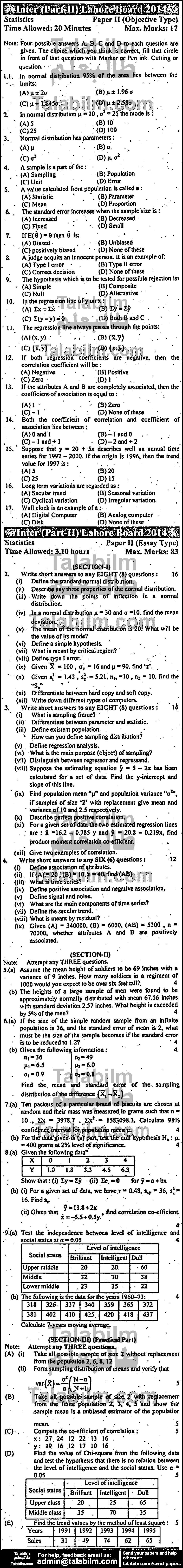 Statistics 0 past paper for Group-I 2014