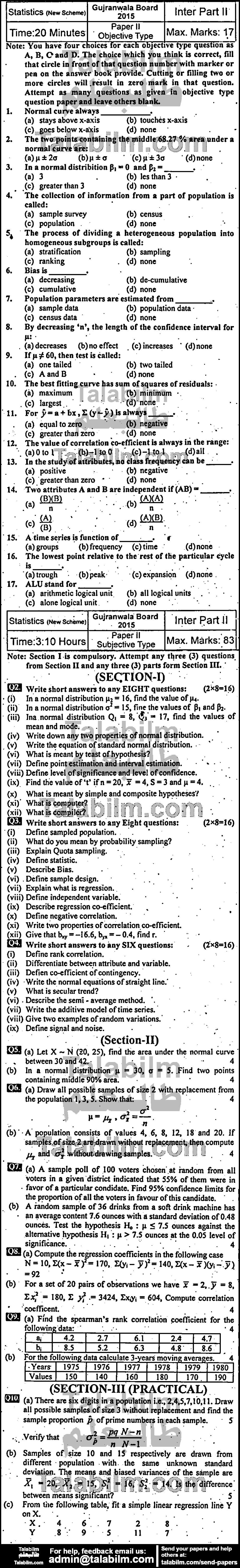 Statistics 0 past paper for Group-I 2015