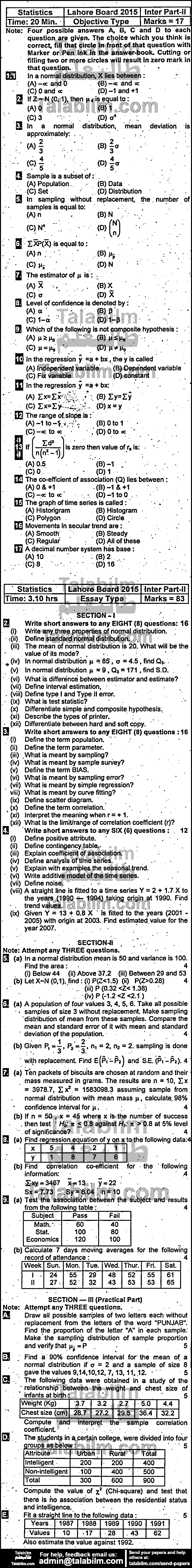 Statistics 0 past paper for Group-I 2015