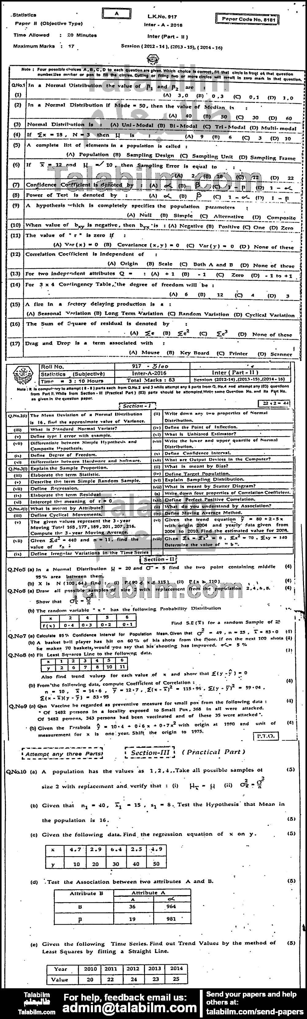 Statistics 0 past paper for Group-I 2016