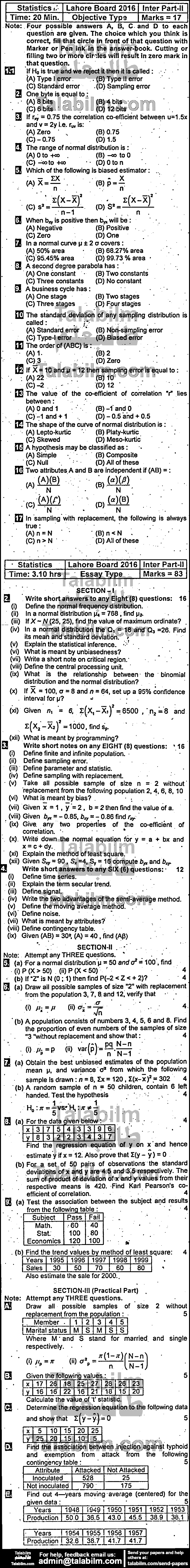 Statistics 0 past paper for Group-I 2016