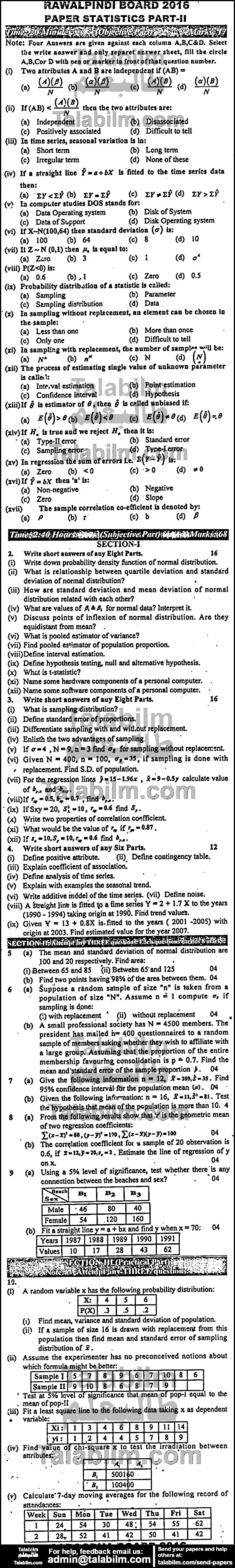 Statistics 0 past paper for Group-I 2016