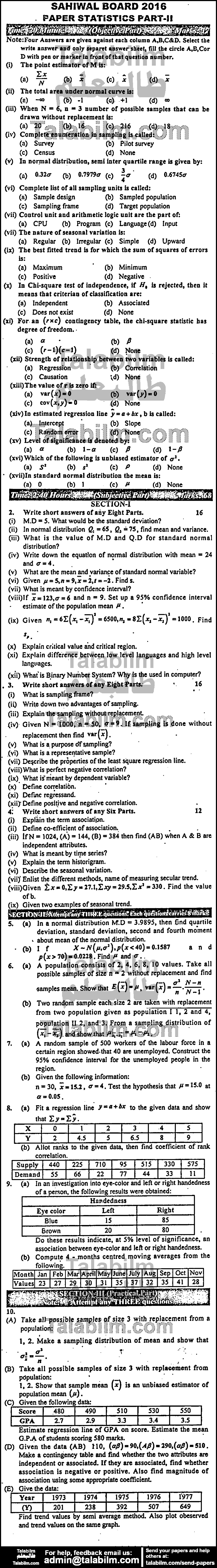 Statistics 0 past paper for Group-I 2016