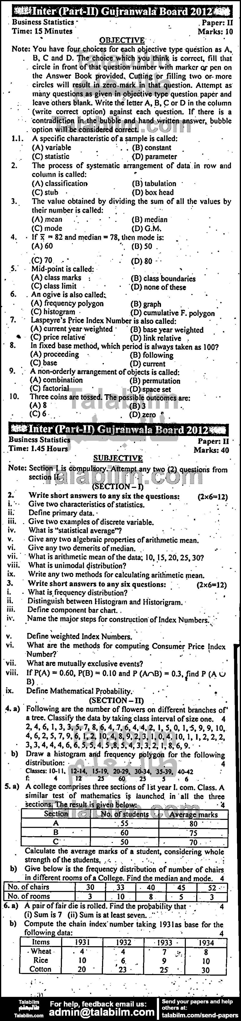 Business Statistics 0 past paper for Group-I 2012