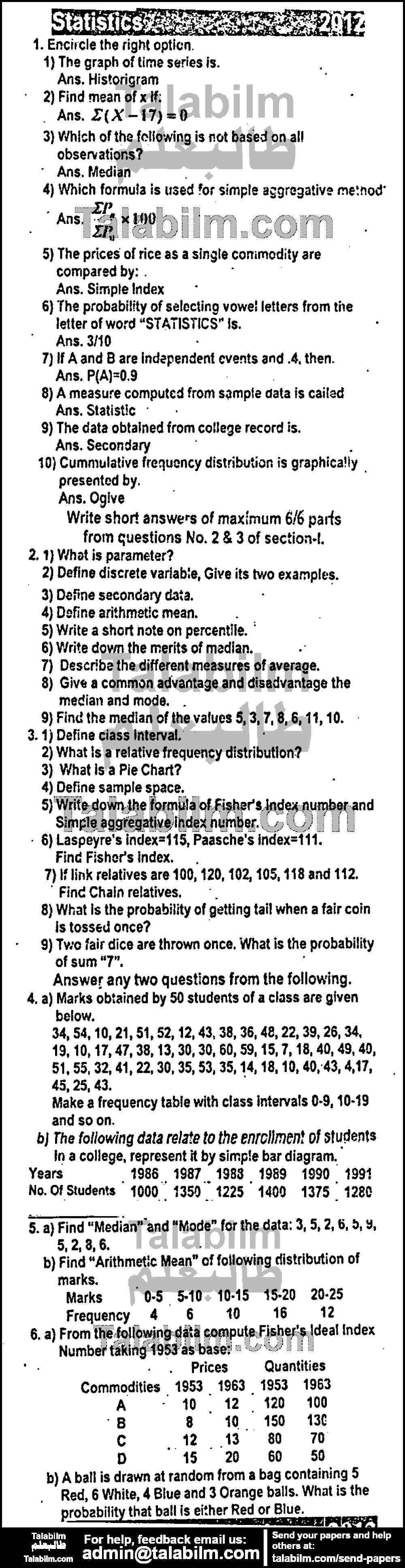 Business Statistics 0 past paper for Group-I 2012