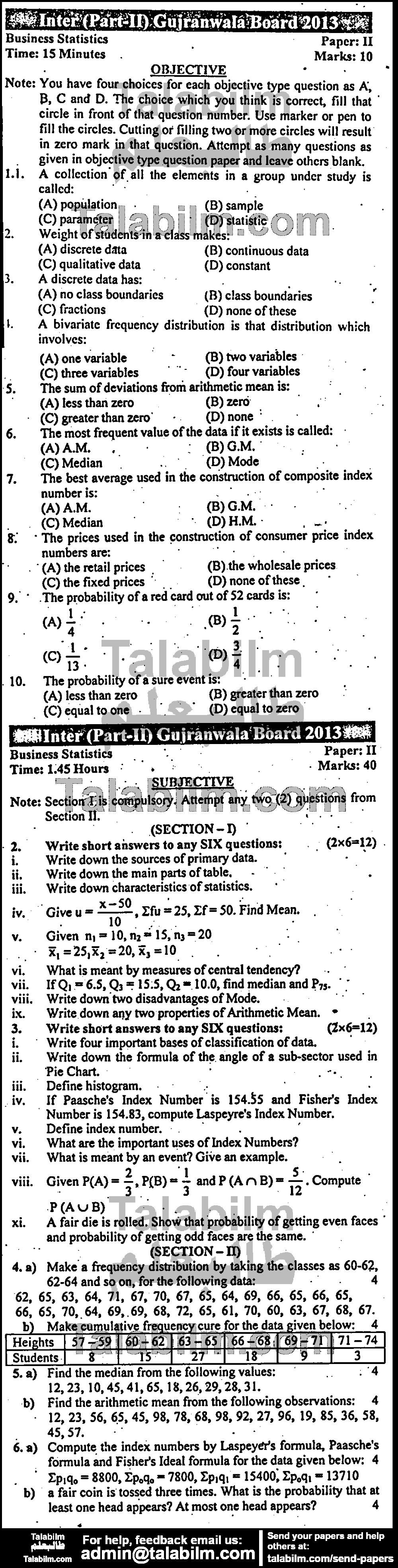 Business Statistics 0 past paper for Group-I 2013