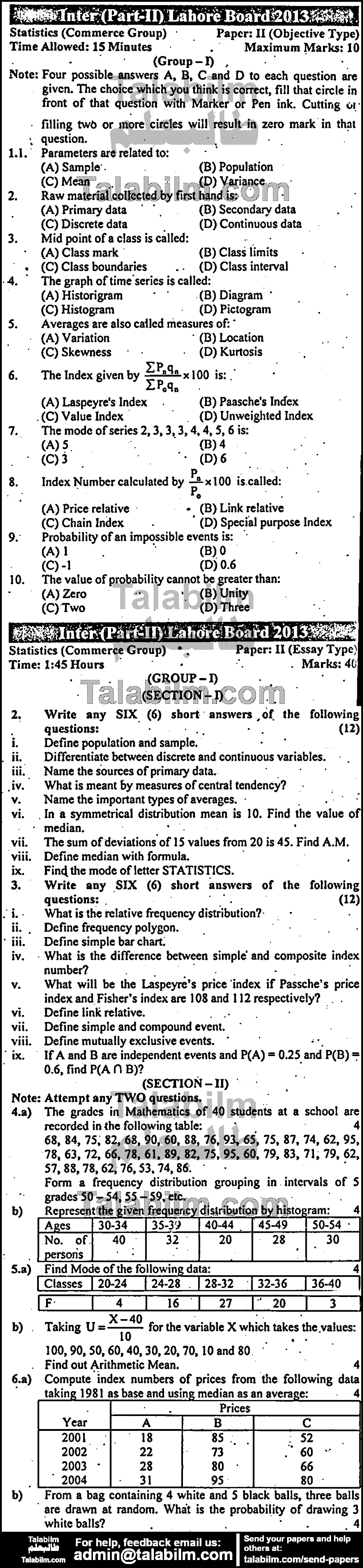 Business Statistics 0 past paper for Group-I 2013