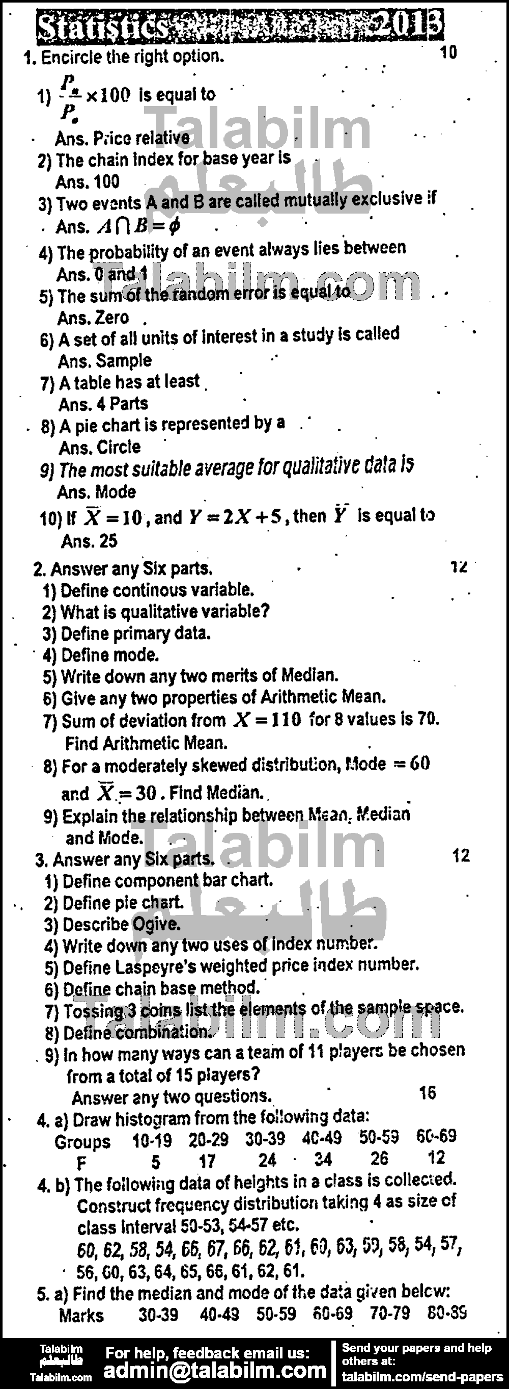 Business Statistics 0 past paper for Group-I 2013